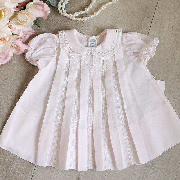 Pink Lace Inlay Pleated Dress Heirloom Newborn Feltman Brothers Newborn - Picture 2 of 8
